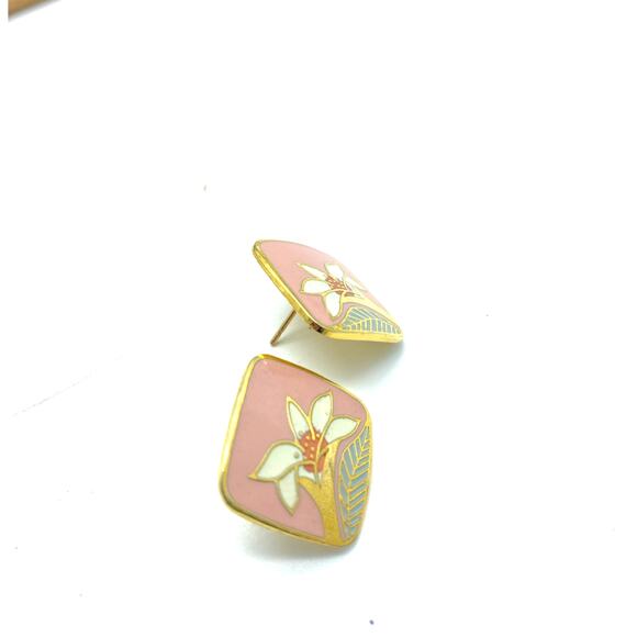 Laurel‎ Burch WILD LILY Pink Square Earrings Cloisonne Post Stud Vintage 80s - Picture 2 of 4